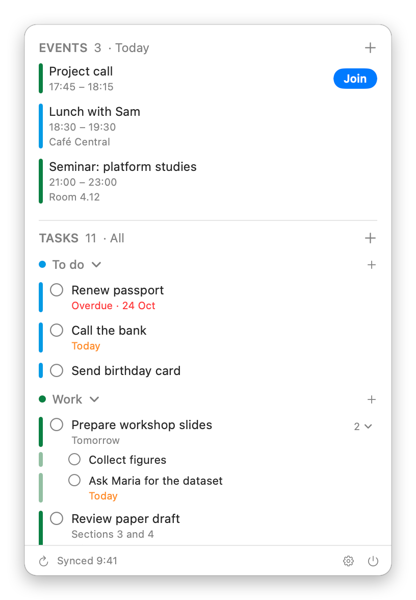 machen's list: today's events, then open tasks grouped by list, with subtasks indented