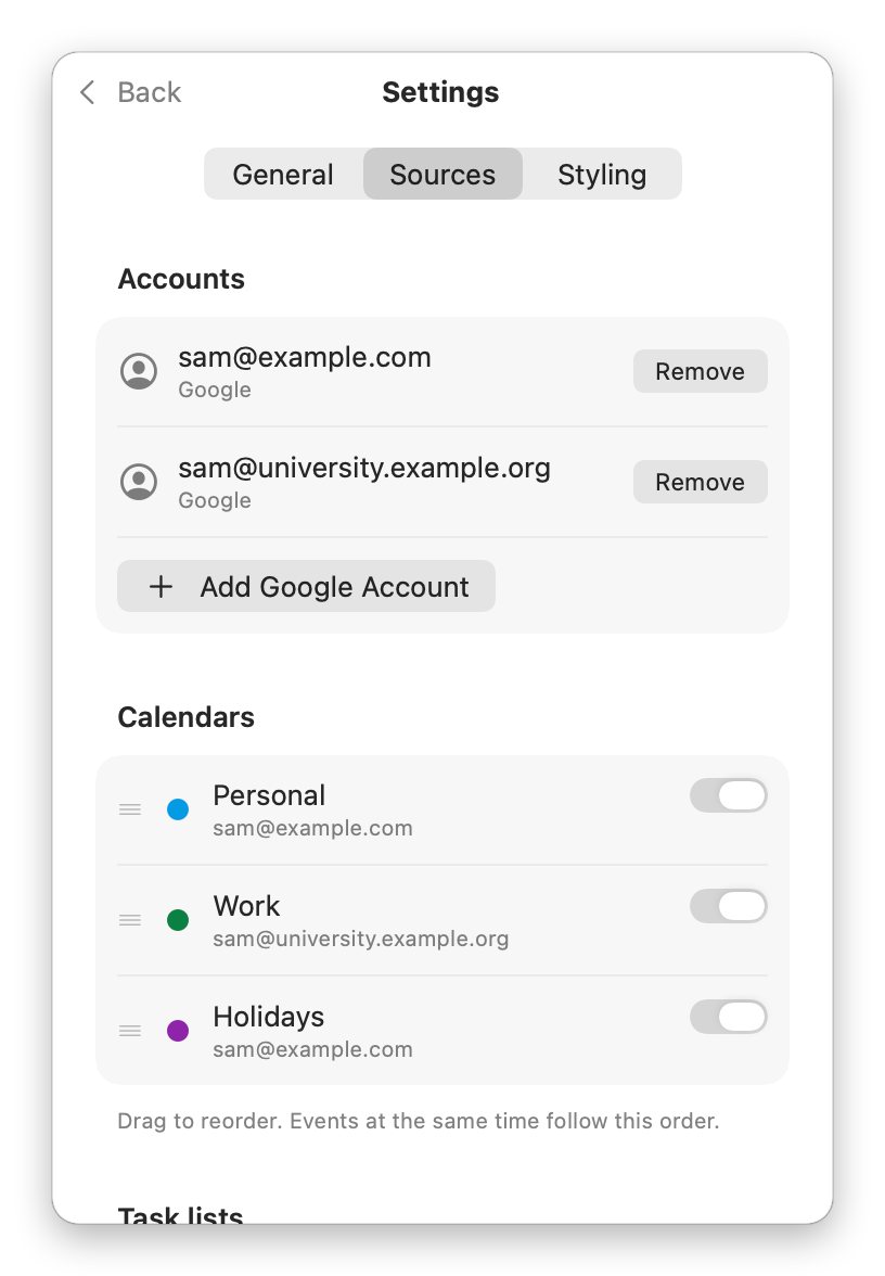 machen's settings: two Google accounts, then calendars and task lists with switches and colours
